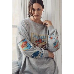 By Anthropologie Embroidered Crew-Neck Sweatshirt Top Oversized Cotton S 283674